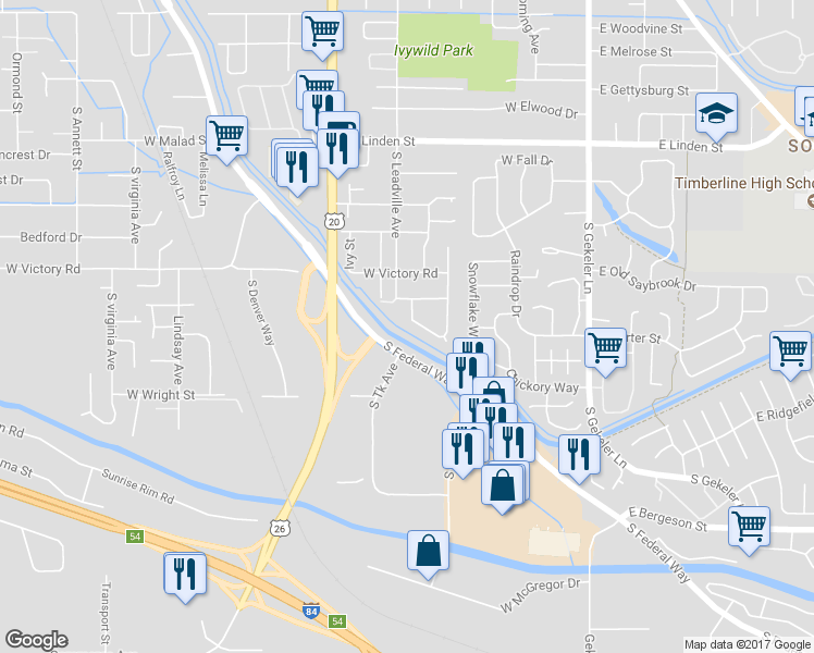 map of restaurants, bars, coffee shops, grocery stores, and more near 751 Berwick Drive in Boise