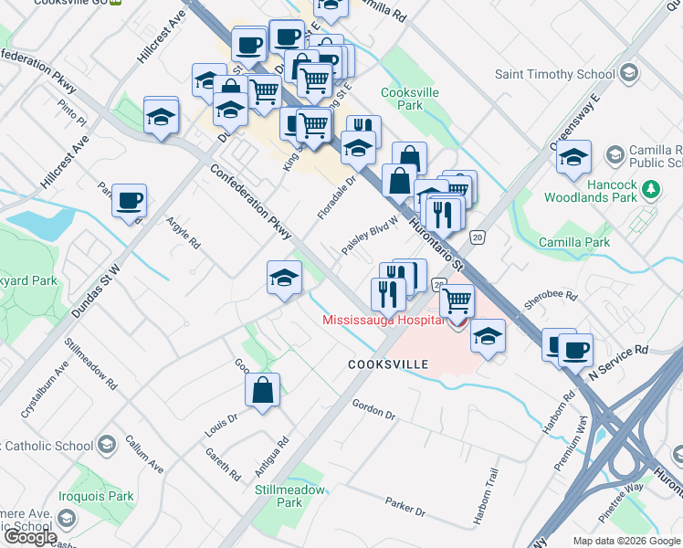 map of restaurants, bars, coffee shops, grocery stores, and more near 2365 Confederation Parkway in Mississauga