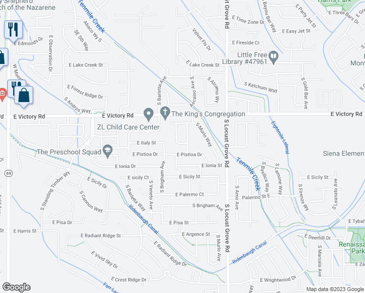 map of restaurants, bars, coffee shops, grocery stores, and more near 1287 East Italy Street in Meridian