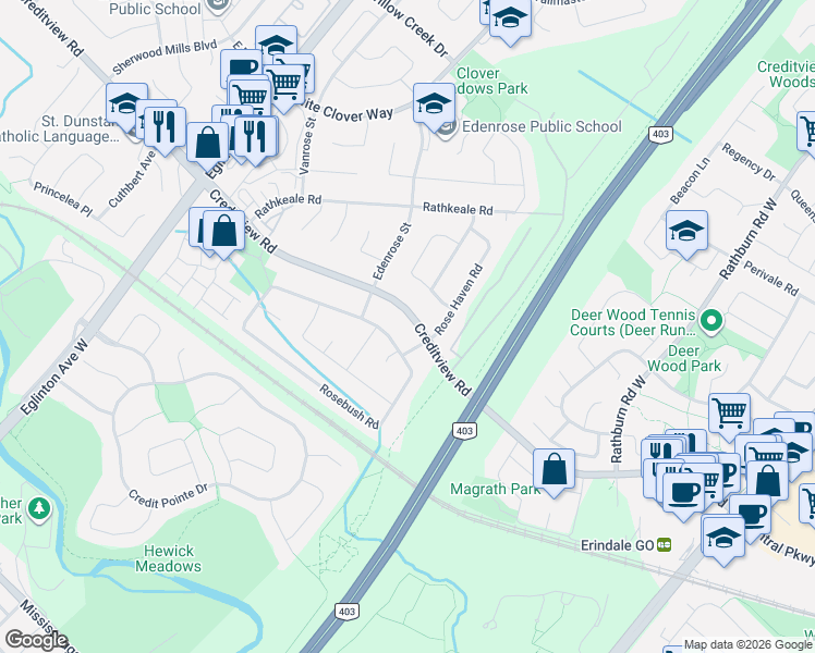 map of restaurants, bars, coffee shops, grocery stores, and more near 4742 Creditview Road in Mississauga