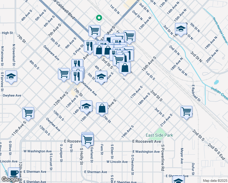 map of restaurants, bars, coffee shops, grocery stores, and more near 504 15th Avenue South in Nampa