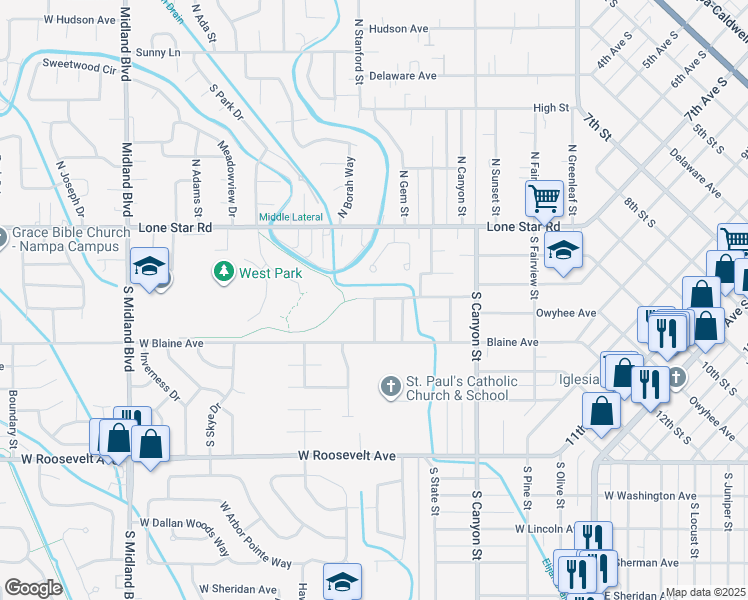 map of restaurants, bars, coffee shops, grocery stores, and more near 541 Shoshone Avenue in Nampa
