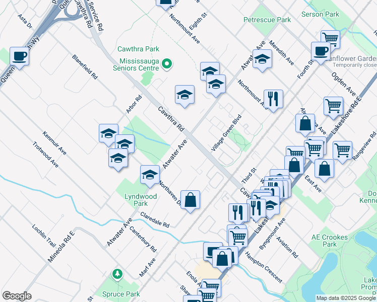 map of restaurants, bars, coffee shops, grocery stores, and more near in Mississauga