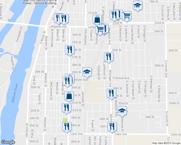 map of restaurants, bars, coffee shops, grocery stores, and more near 1098 29th Street in Bay City