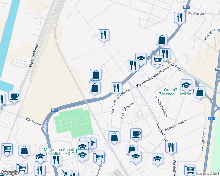 map of restaurants, bars, coffee shops, grocery stores, and more near 29 Via Firenze in Livorno