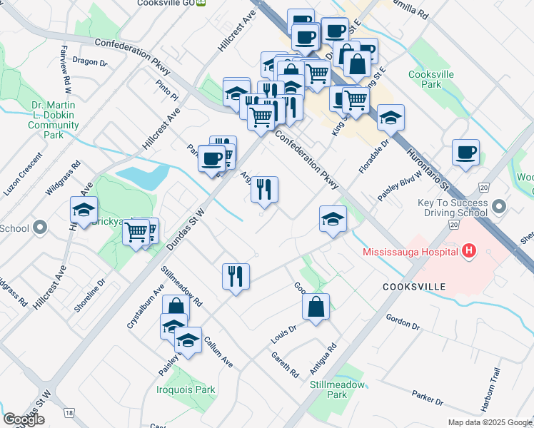 map of restaurants, bars, coffee shops, grocery stores, and more near 2556 Argyle Road in Mississauga