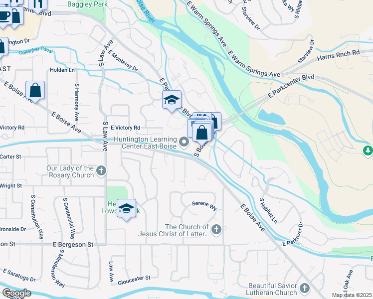map of restaurants, bars, coffee shops, grocery stores, and more near 3165 South Bown Way in Boise
