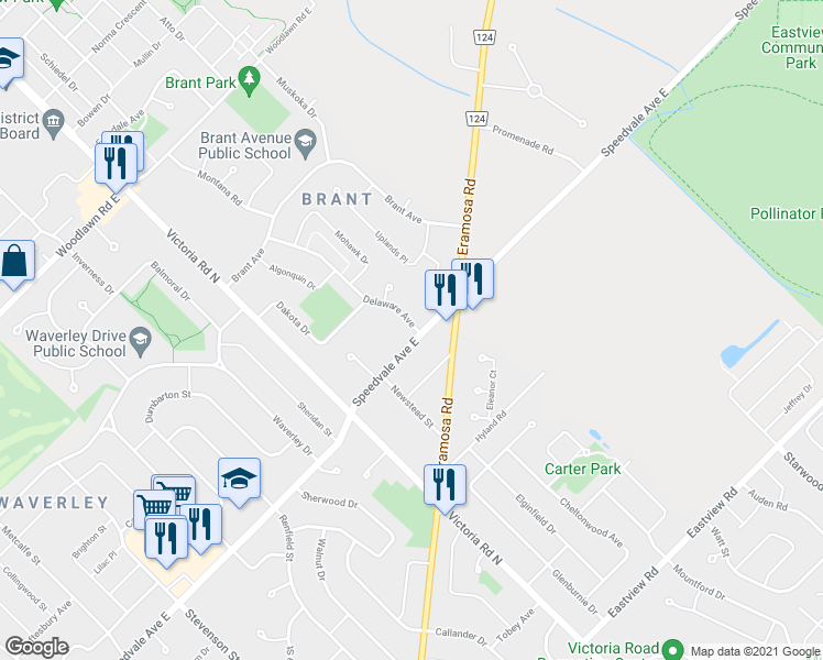 map of restaurants, bars, coffee shops, grocery stores, and more near 8 Delaware Avenue in Guelph