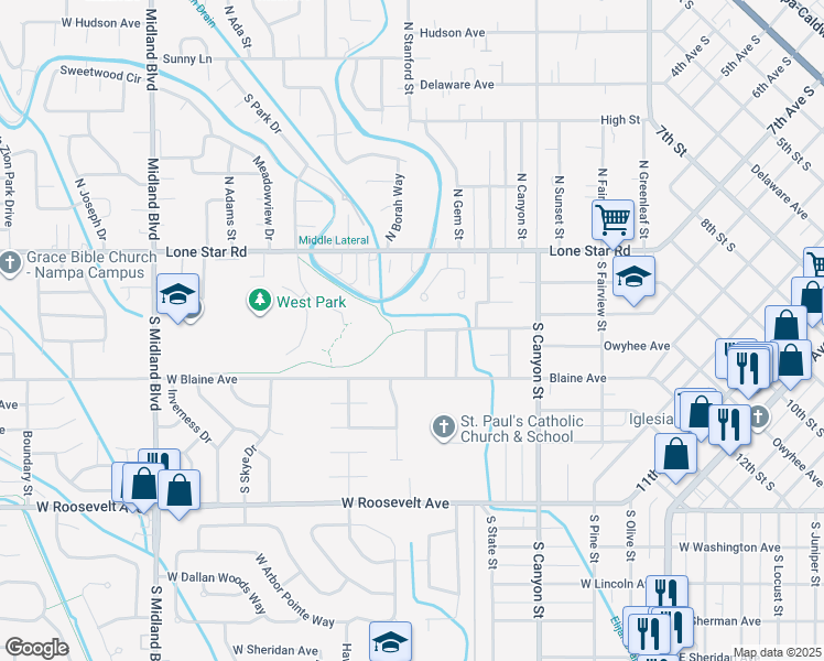 map of restaurants, bars, coffee shops, grocery stores, and more near 541 Shoshone Avenue in Nampa