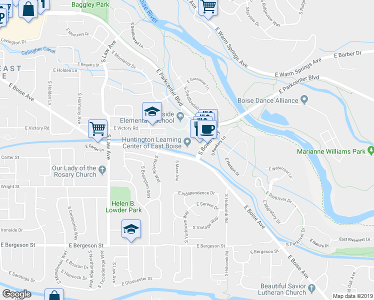 map of restaurants, bars, coffee shops, grocery stores, and more near 3165 South Bown Way in Boise