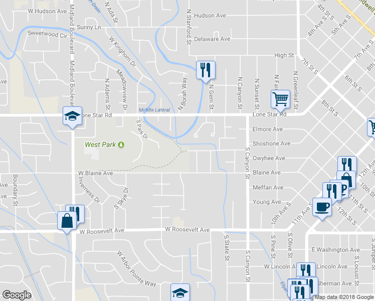 map of restaurants, bars, coffee shops, grocery stores, and more near 548 Shoshone Avenue in Nampa