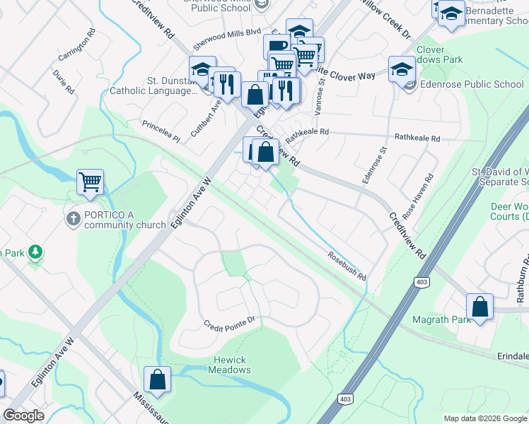 map of restaurants, bars, coffee shops, grocery stores, and more near 1588 South Parade Court in Mississauga