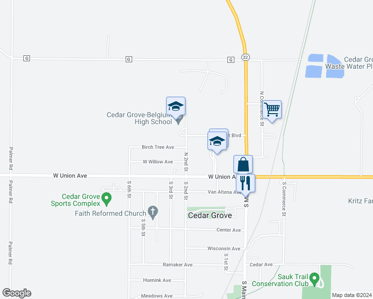 map of restaurants, bars, coffee shops, grocery stores, and more near 225 North 2nd Street in Cedar Grove