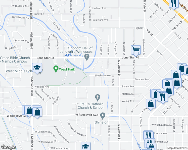 map of restaurants, bars, coffee shops, grocery stores, and more near 534 Shoshone Avenue in Nampa