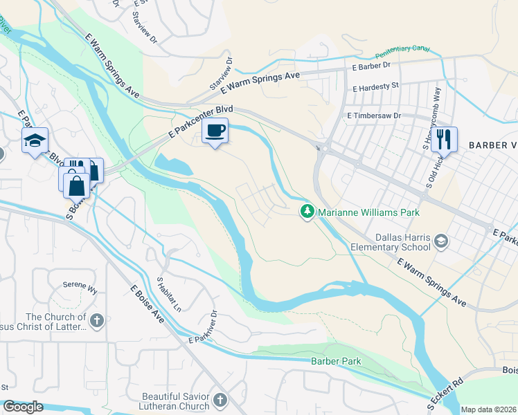 map of restaurants, bars, coffee shops, grocery stores, and more near 3294 East Thoroughbred Lane in Boise