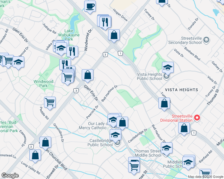 map of restaurants, bars, coffee shops, grocery stores, and more near 5936 Bell Harbour Drive in Mississauga