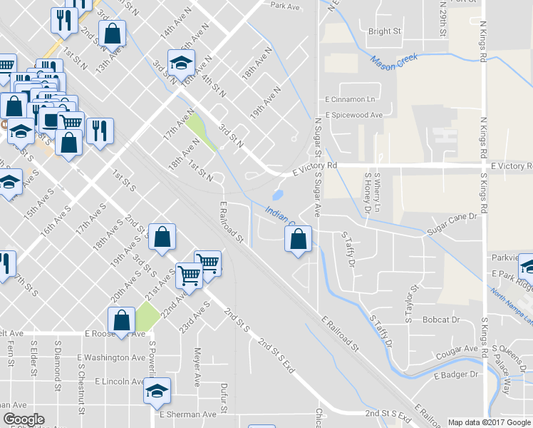 map of restaurants, bars, coffee shops, grocery stores, and more near 2018 East White Oak Court in Nampa