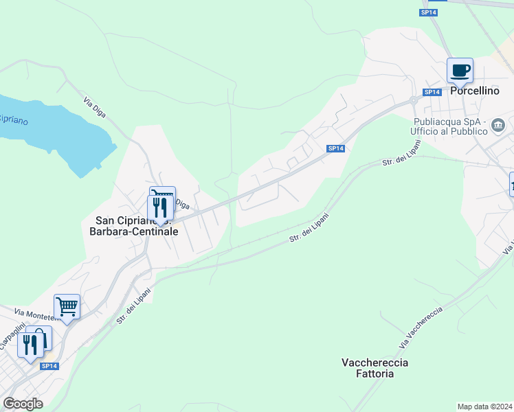 map of restaurants, bars, coffee shops, grocery stores, and more near Strada Provinciale delle Miniere in Santa Barbara