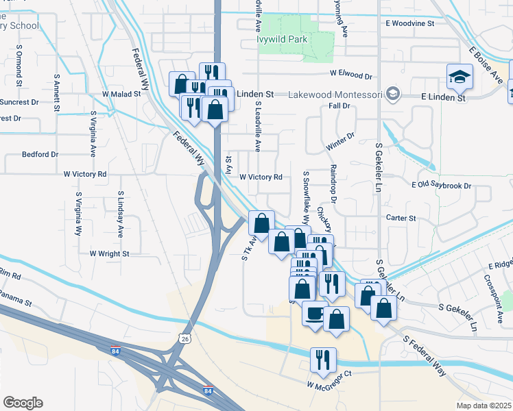 map of restaurants, bars, coffee shops, grocery stores, and more near 751 Berwick Drive in Boise