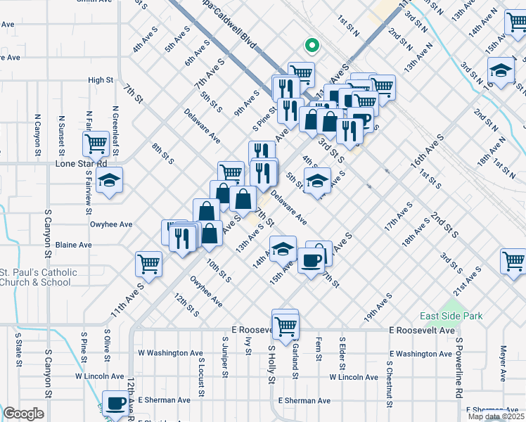 map of restaurants, bars, coffee shops, grocery stores, and more near in Nampa