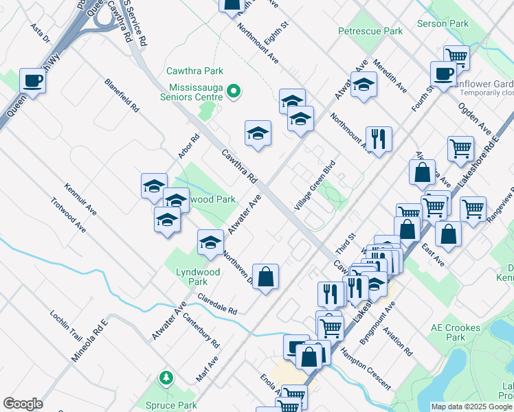 map of restaurants, bars, coffee shops, grocery stores, and more near in Mississauga