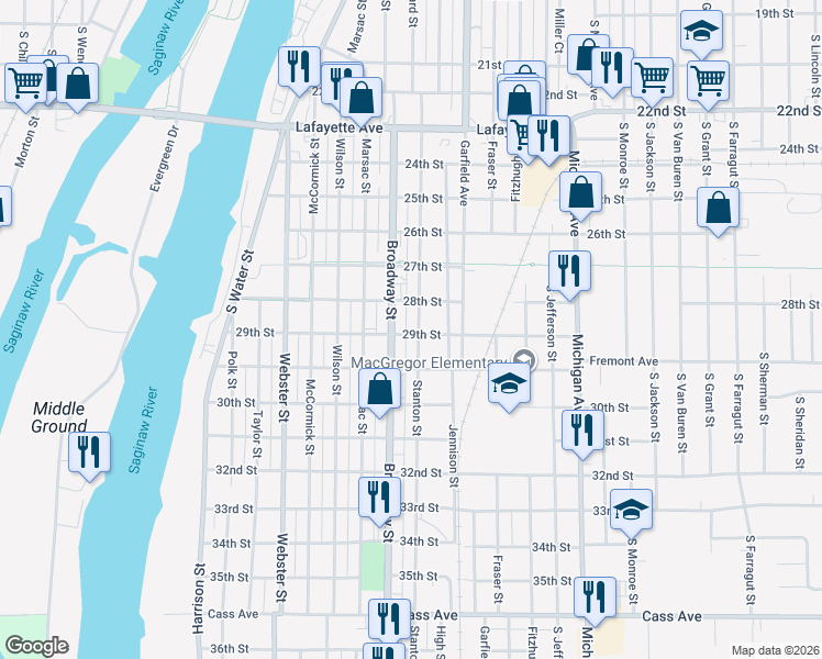 map of restaurants, bars, coffee shops, grocery stores, and more near 1403 Broadway Street in Bay City
