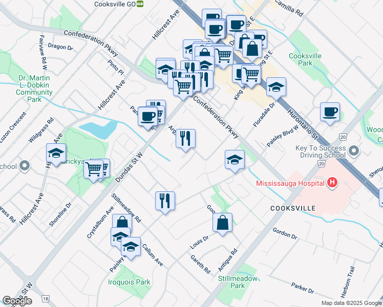 map of restaurants, bars, coffee shops, grocery stores, and more near 2542 Argyle Road in Mississauga