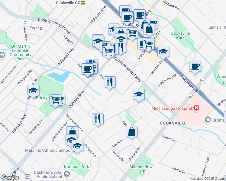 map of restaurants, bars, coffee shops, grocery stores, and more near in Mississauga