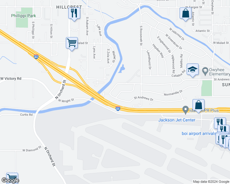 map of restaurants, bars, coffee shops, grocery stores, and more near 4425 Meriwether Drive in Boise