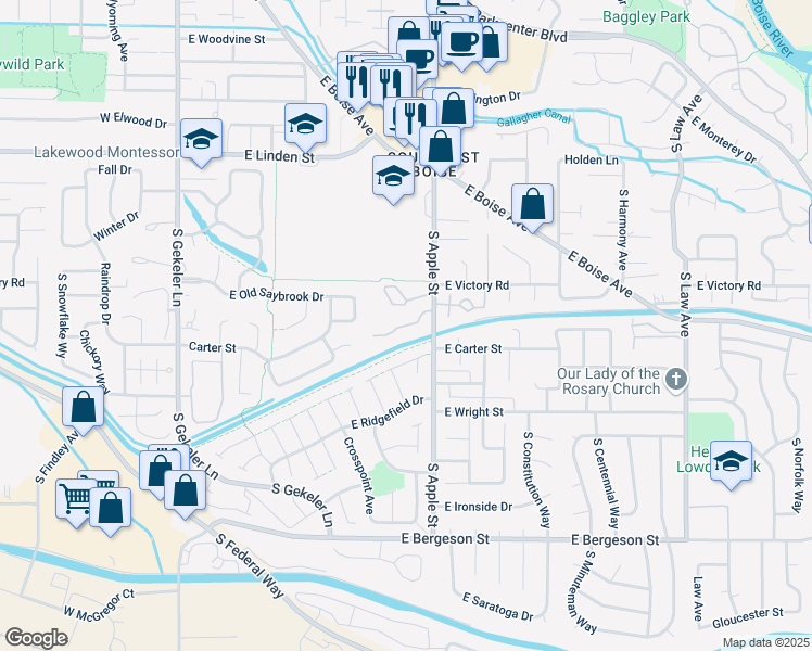 map of restaurants, bars, coffee shops, grocery stores, and more near 3165 Apple Street in Boise