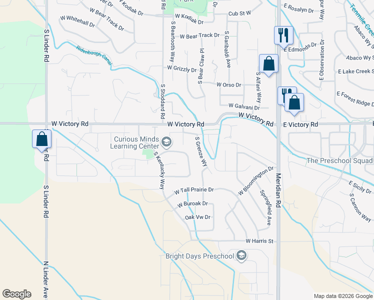 map of restaurants, bars, coffee shops, grocery stores, and more near 3448 South Arcaro Avenue in Meridian