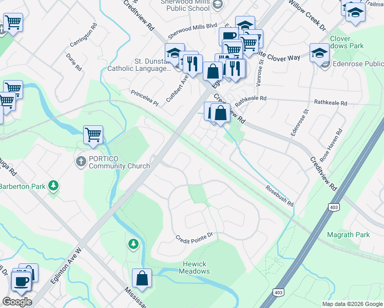 map of restaurants, bars, coffee shops, grocery stores, and more near 1459 Ravensmoor Crescent in Mississauga
