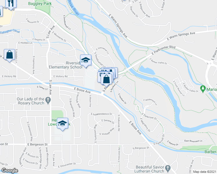 map of restaurants, bars, coffee shops, grocery stores, and more near 2399 East Riverwalk Drive in Boise