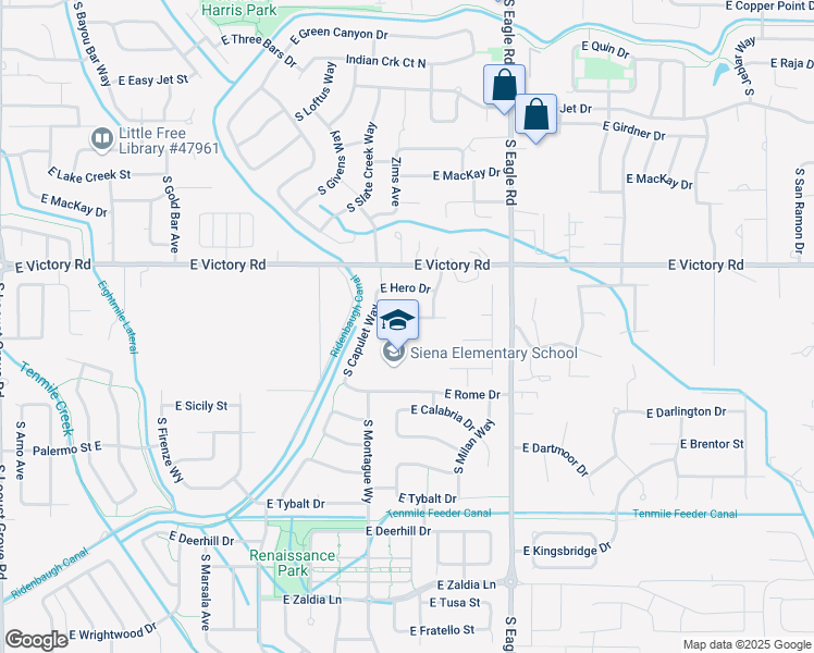 map of restaurants, bars, coffee shops, grocery stores, and more near 2919 East Falcon Drive in Meridian