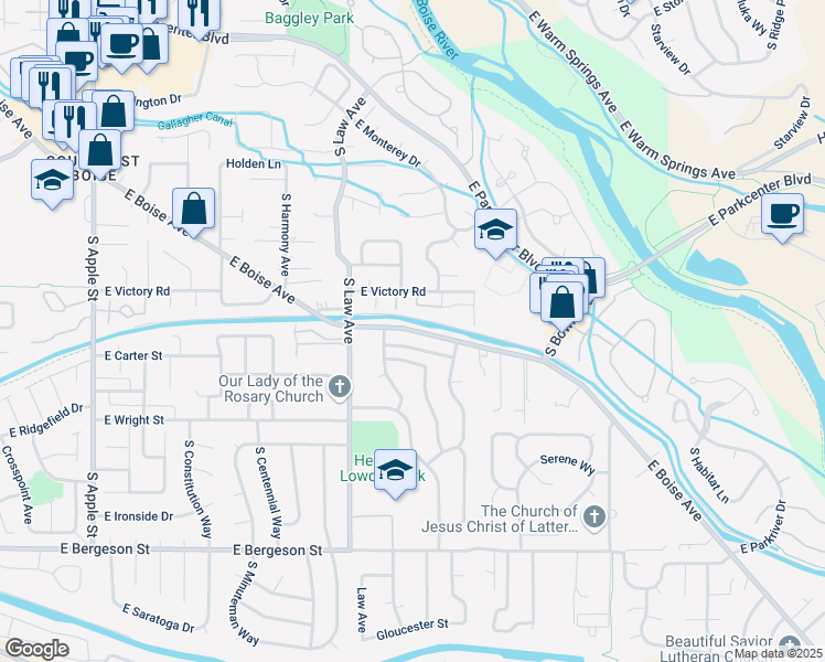 map of restaurants, bars, coffee shops, grocery stores, and more near East Boise Avenue in Boise