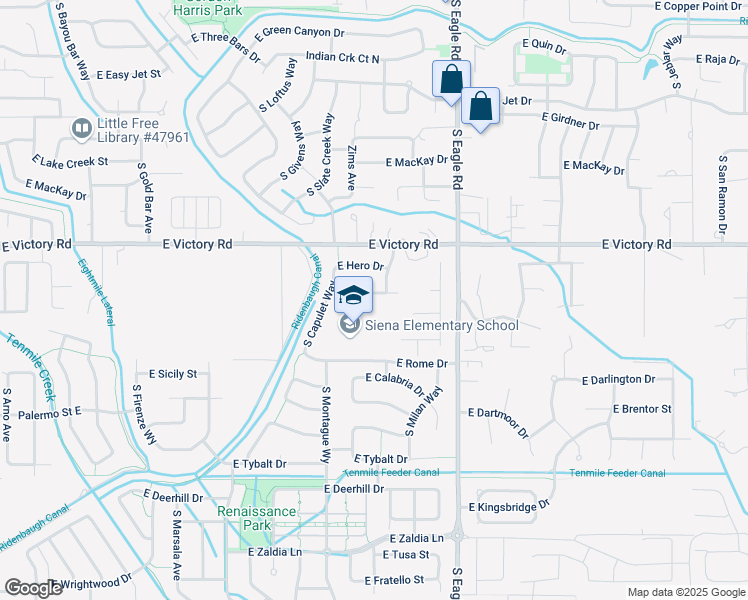 map of restaurants, bars, coffee shops, grocery stores, and more near 2919 East Falcon Drive in Meridian