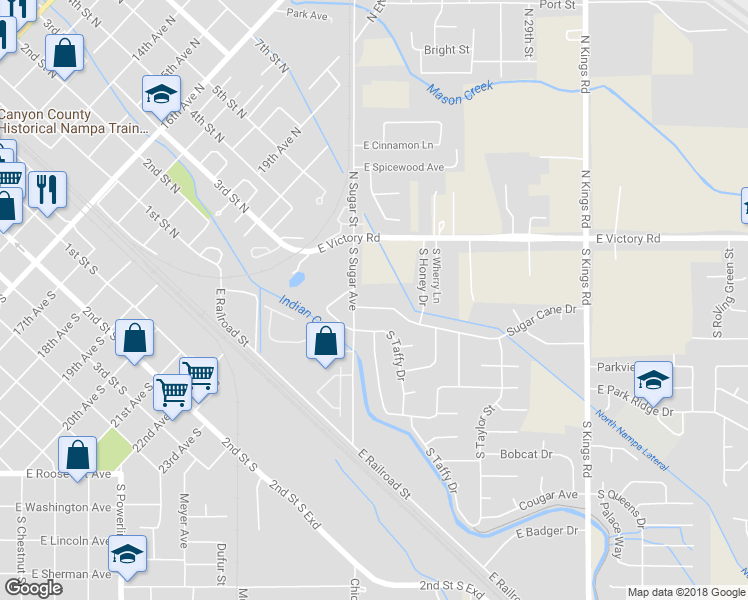 map of restaurants, bars, coffee shops, grocery stores, and more near 2318 Sugar Cane Drive in Nampa