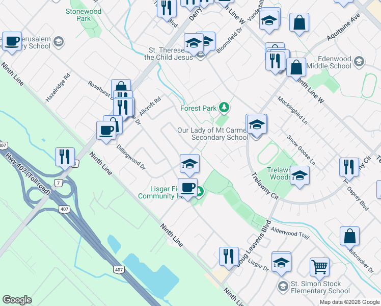 map of restaurants, bars, coffee shops, grocery stores, and more near 6769 Gracefield Drive in Mississauga