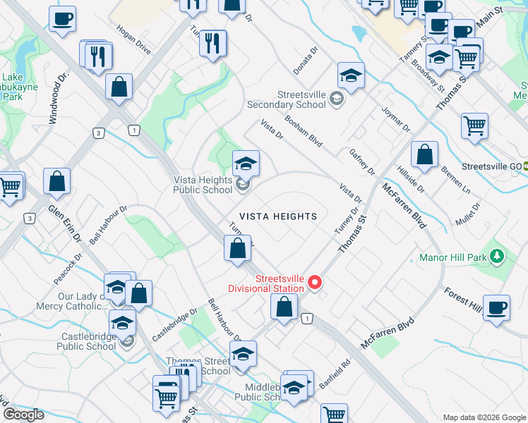map of restaurants, bars, coffee shops, grocery stores, and more near 8 Sora Drive in Mississauga