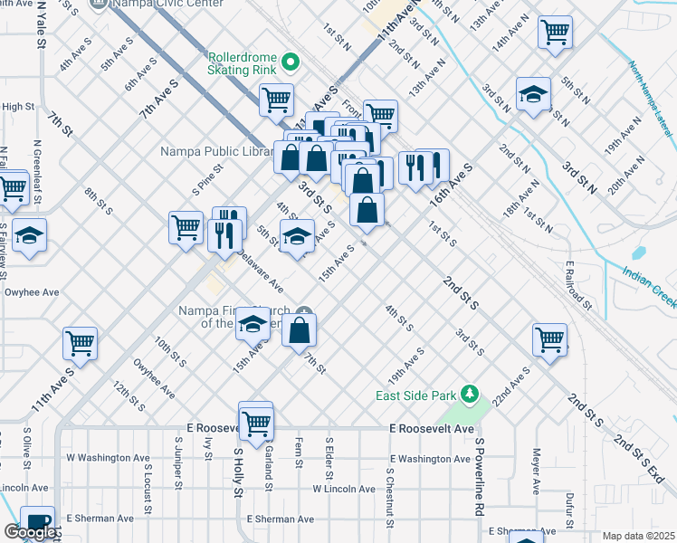 map of restaurants, bars, coffee shops, grocery stores, and more near 408 15th Avenue South in Nampa