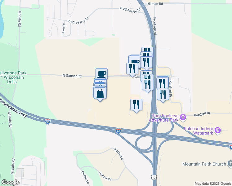map of restaurants, bars, coffee shops, grocery stores, and more near 150 Gasser Road in Baraboo