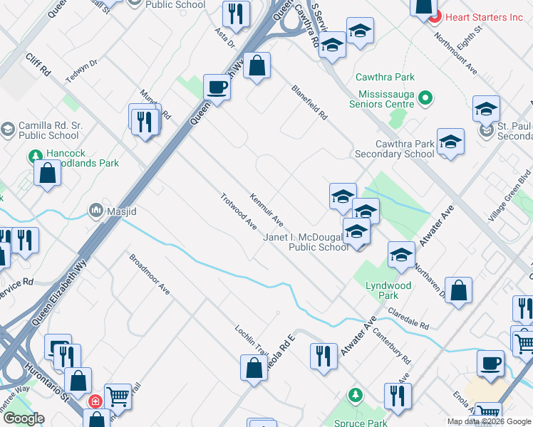map of restaurants, bars, coffee shops, grocery stores, and more near 1480 Kenmuir Avenue in Mississauga