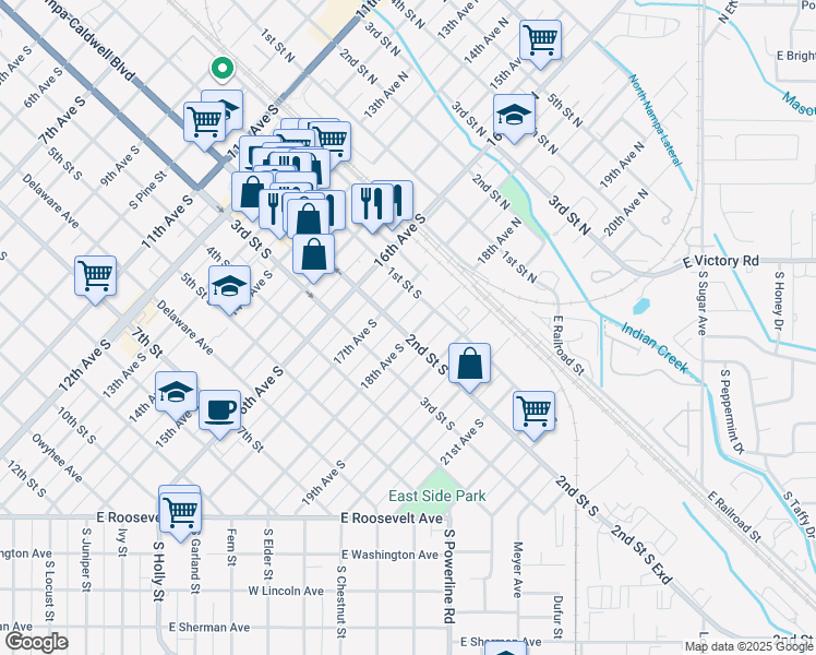 map of restaurants, bars, coffee shops, grocery stores, and more near 204 18th Avenue South in Nampa