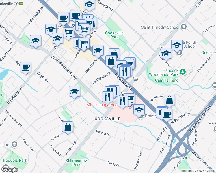 map of restaurants, bars, coffee shops, grocery stores, and more near 2350 Hurontario Street in Mississauga