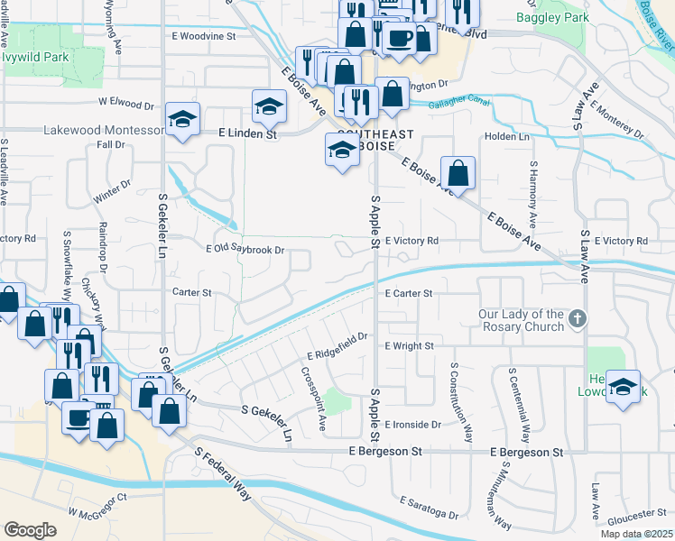 map of restaurants, bars, coffee shops, grocery stores, and more near 3137 South Apple Street in Boise