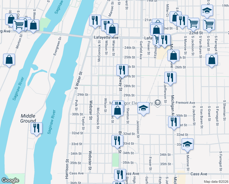 map of restaurants, bars, coffee shops, grocery stores, and more near 1004 Marsac Street in Bay City