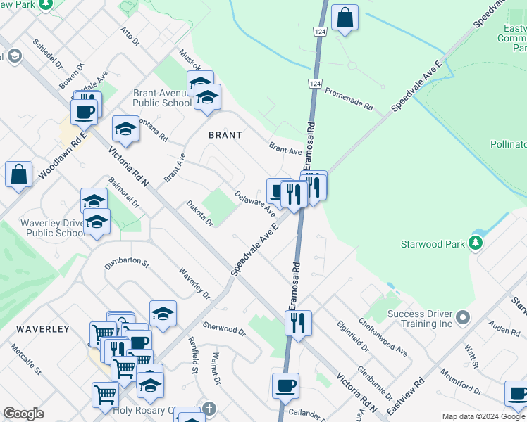 map of restaurants, bars, coffee shops, grocery stores, and more near 12 Delaware Avenue in Guelph