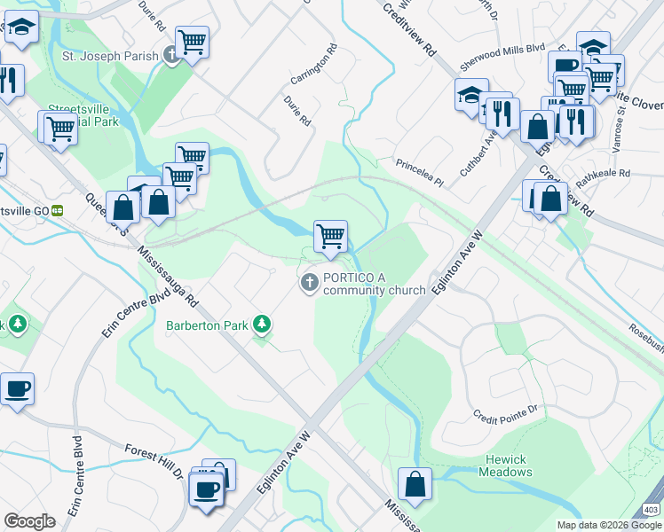map of restaurants, bars, coffee shops, grocery stores, and more near 1770 Barbertown Road in Mississauga