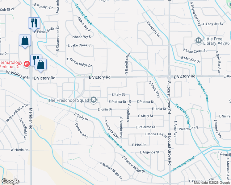 map of restaurants, bars, coffee shops, grocery stores, and more near 971 East Italy Street in Meridian