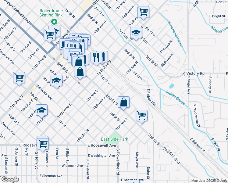 map of restaurants, bars, coffee shops, grocery stores, and more near 111 19th Avenue North in Nampa
